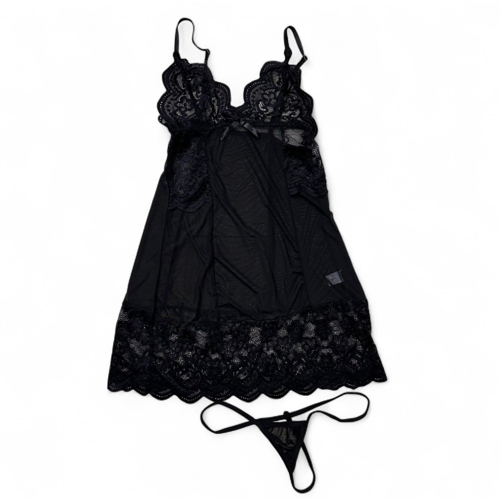 Black Mesh Lace Cami Mini Dress Lingerie Sexy Feminine Babydoll 2 piece Small - Picture 5 of 9